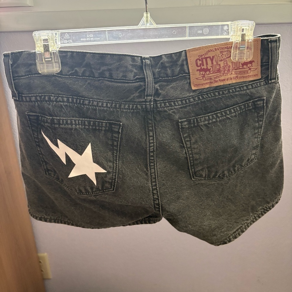 Bape Women sz S Faded Black Denim Shorts A Bathing Ape BAPESTA Striped Low Rise - Picture 4 of 14